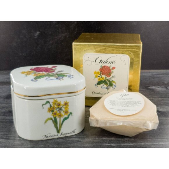 Vtg 1980s Germaine Monteil Galore Bath Powder 6.5 oz Porcelain Floral Box Japan - Picture 2 of 10